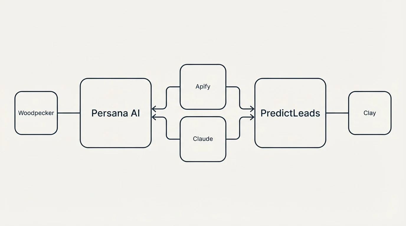 Integration schematic: Integration Ecosystem (Persana AI, PredictLeads, Apify, Claude)