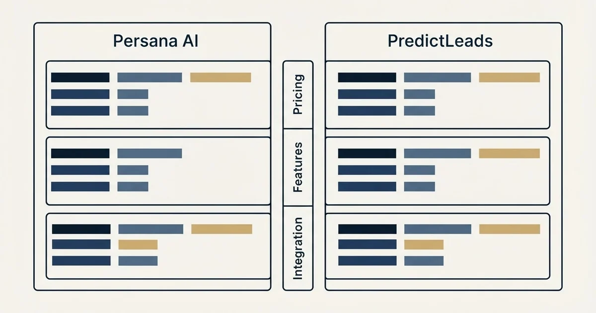 Comparison panel: Persana AI vs PredictLeads (Pricing, Features, Integration)