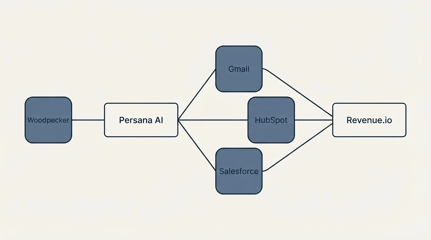 Integration schematic: Integration Ecosystem (Persana AI, Revenue.io, Gmail, HubSpot)