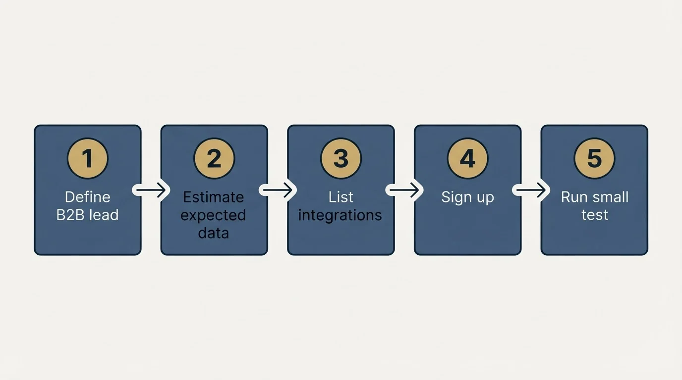 Step sequence: Getting Started Checklist (Define B2B lead, Estimate expected data, List integrations, Sign up)