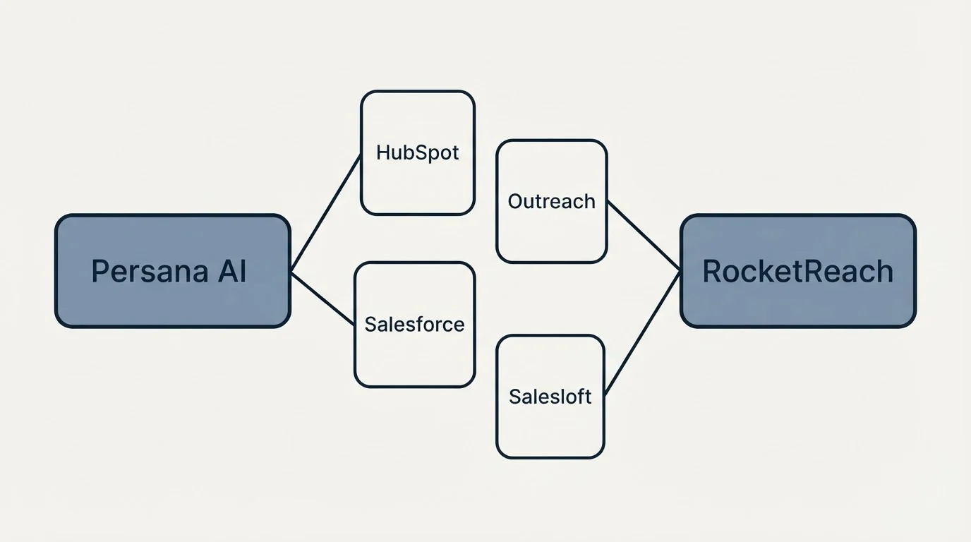 Integration schematic: Integration Ecosystem (Persana AI, RocketReach, HubSpot, Outreach)