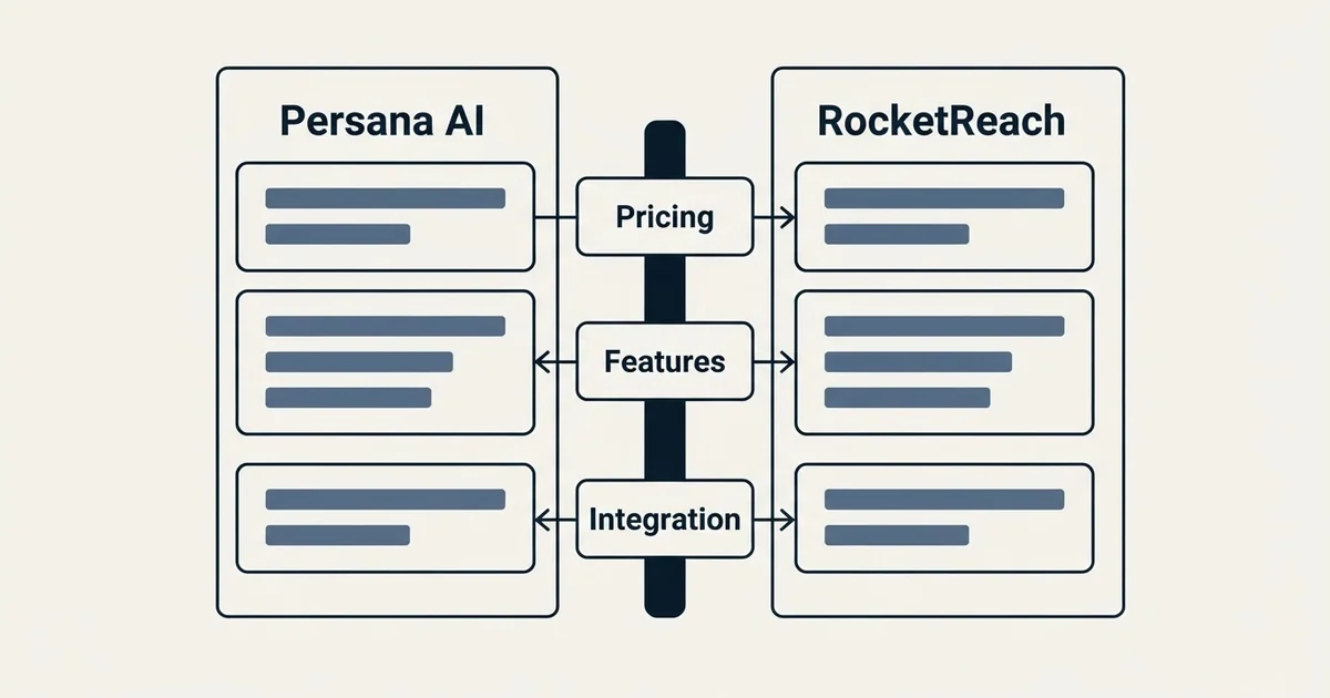 Comparison panel: Persana AI vs RocketReach (Pricing, Features, Integration)