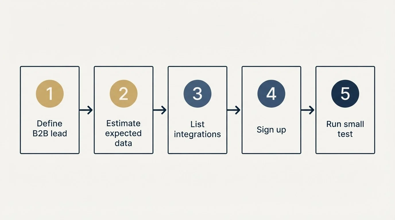 Step sequence: Getting Started Checklist (Define B2B lead, Estimate expected data, List integrations, Sign up)