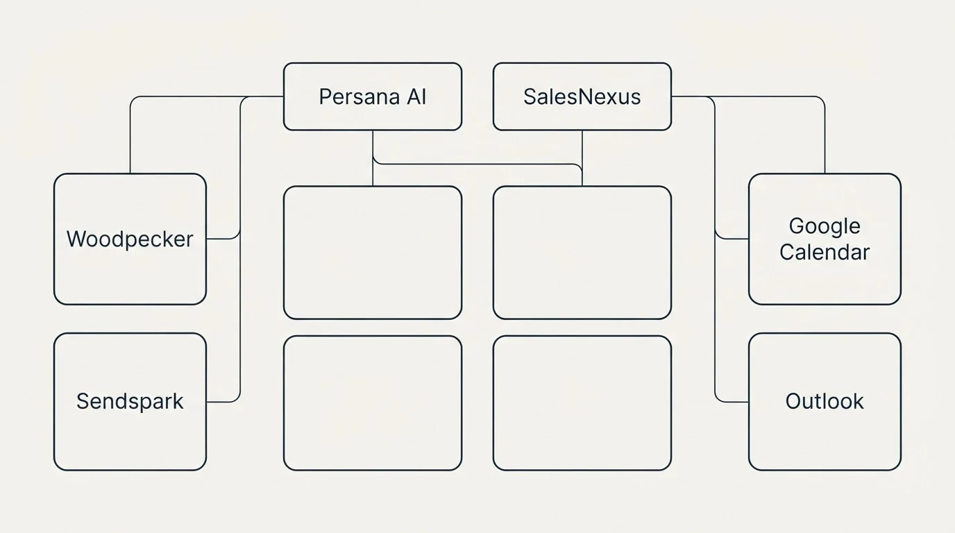 Integration grid: Integration Ecosystem (Persana AI, SalesNexus, Woodpecker, Google Calendar)