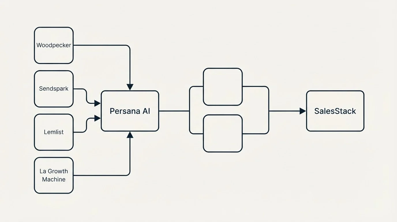 Integration schematic: Integration Ecosystem (Persana AI, SalesStack, Woodpecker, Sendspark)
