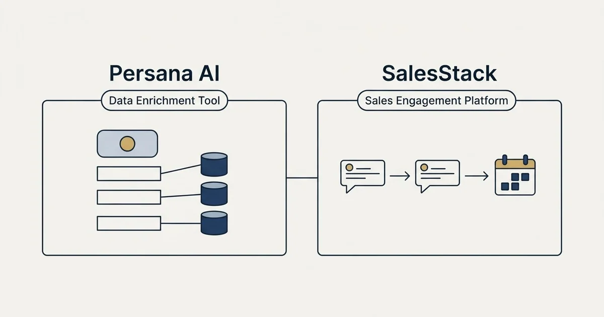 Side-by-side panels: Persana AI vs SalesStack (Data Enrichment Tool, Sales Engagement Platform)