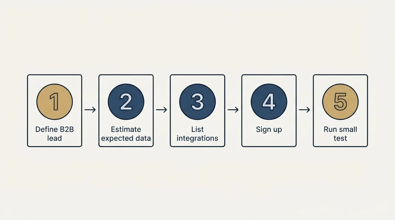 Step sequence: Getting Started Checklist (Define B2B lead, Estimate expected data, List integrations, Sign up)