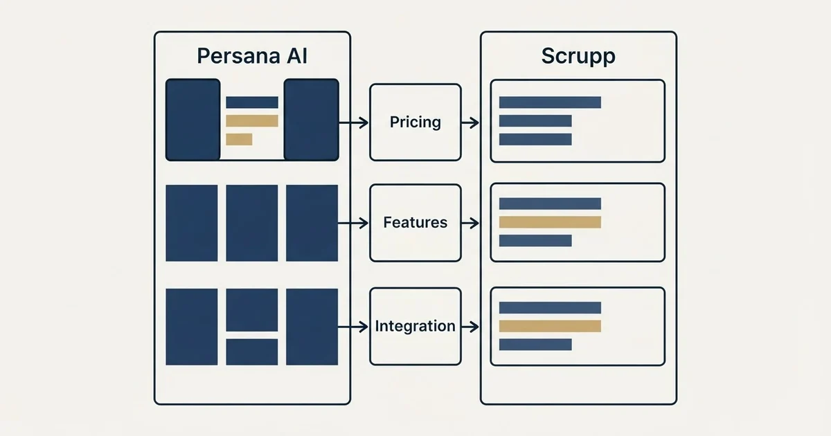 Comparison panel: Persana AI vs Scrupp (Pricing, Features, Integration)