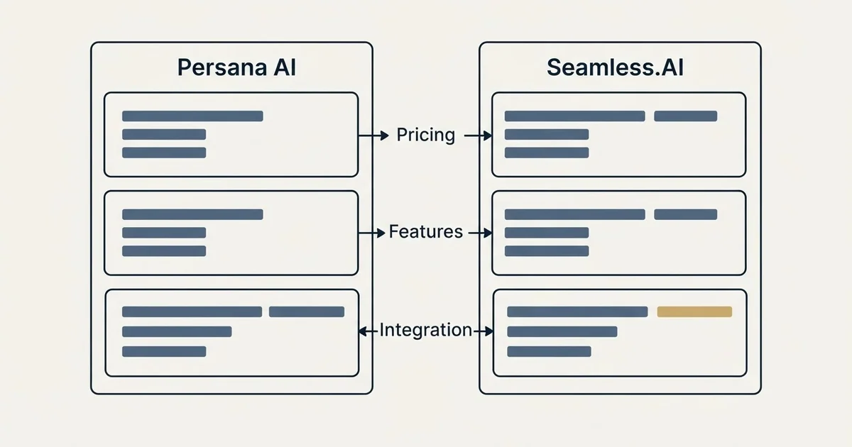 Comparison panel: Persana AI vs Seamless.AI (Pricing, Features, Integration)