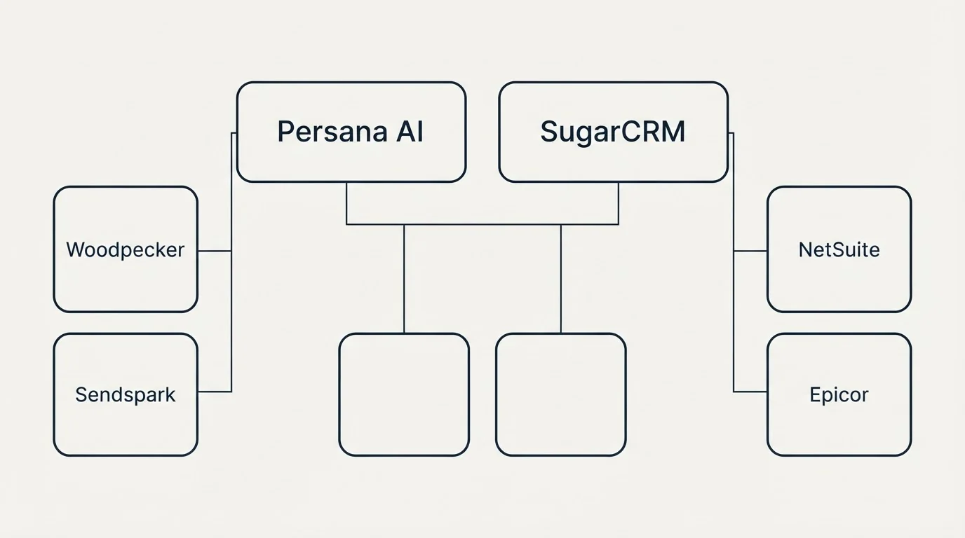 Integration grid: Integration Ecosystem (Persana AI, SugarCRM, Woodpecker, NetSuite)