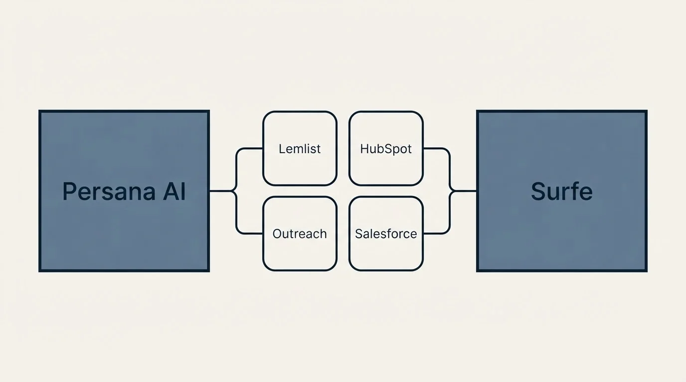 Integration schematic: Integration Ecosystem (Persana AI, Surfe, Lemlist, HubSpot)