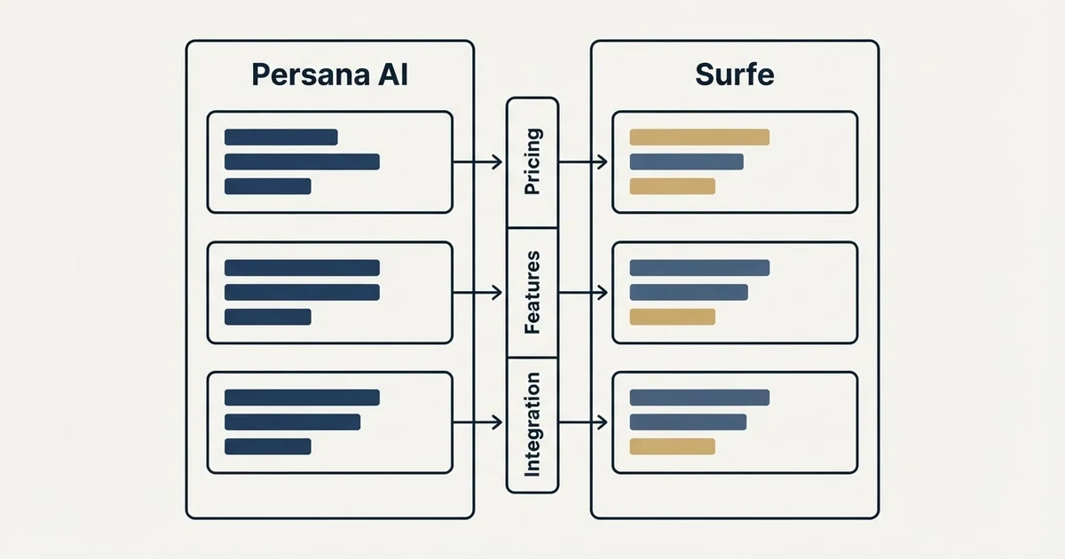 Comparison panel: Persana AI vs Surfe (Pricing, Features, Integration)