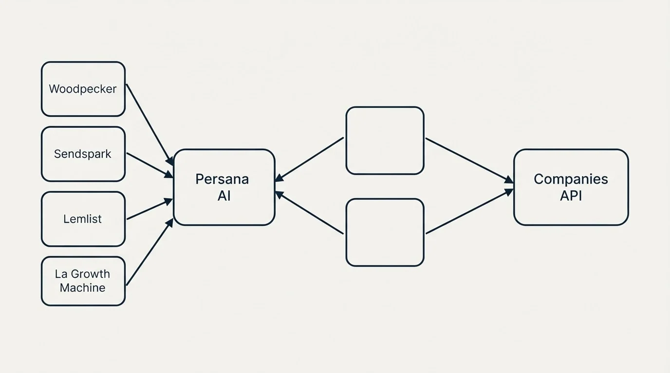Integration schematic: Integration Ecosystem (Persana AI, Companies API, Woodpecker, Sendspark)