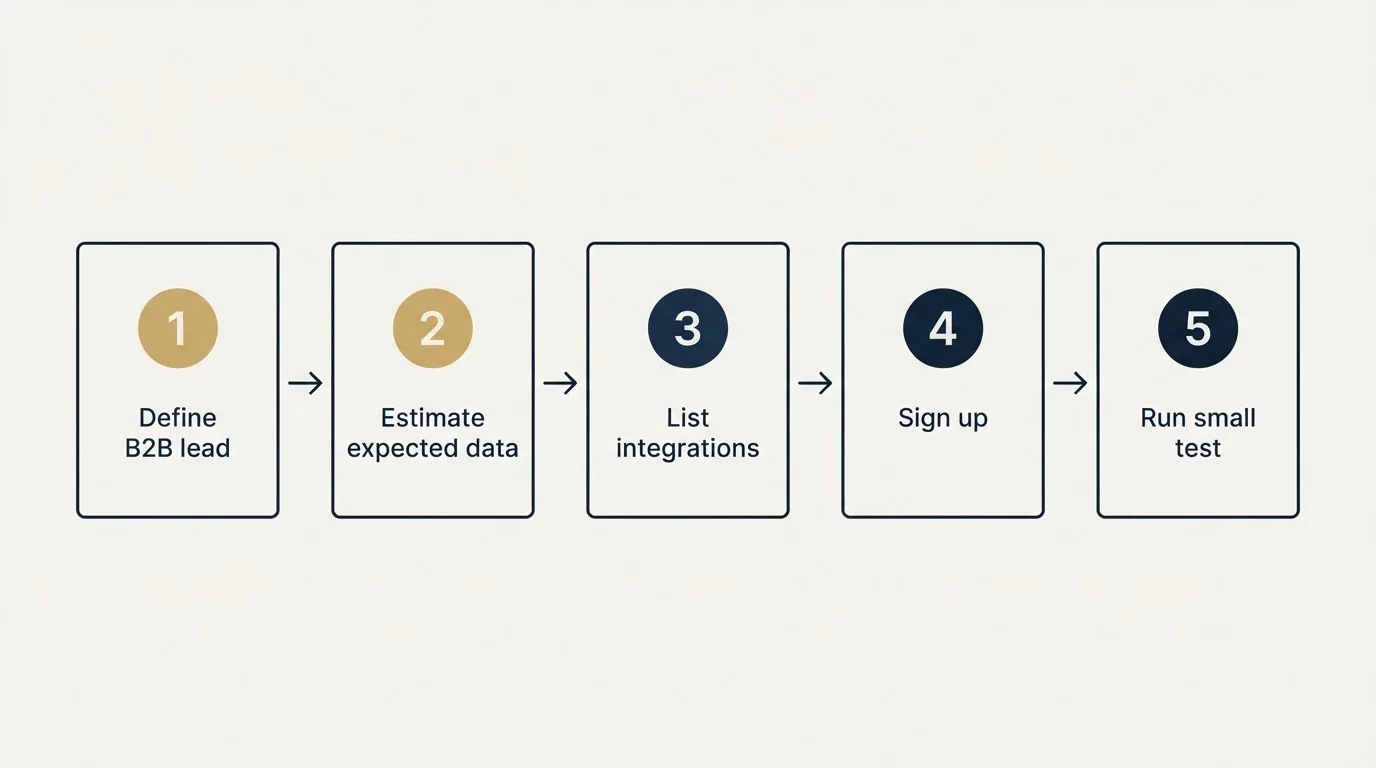 Step sequence: Getting Started Checklist (Define B2B lead, Estimate expected data, List integrations, Sign up)