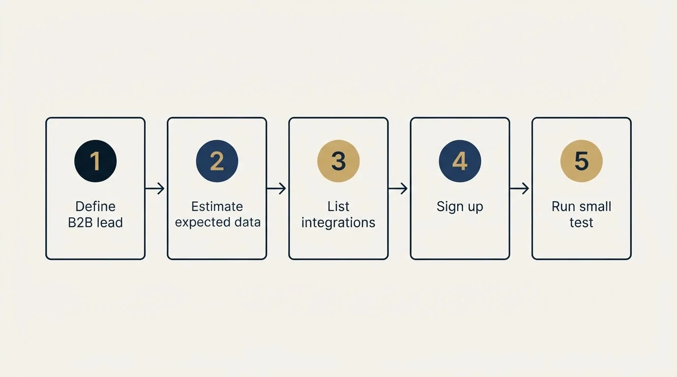 Step sequence: Getting Started Checklist (Define B2B lead, Estimate expected data, List integrations, Sign up)