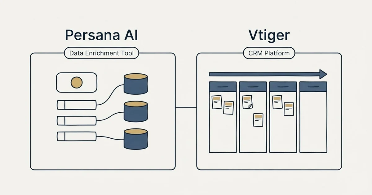 Side-by-side panels: Persana AI vs Vtiger (Data Enrichment Tool, CRM Platform)
