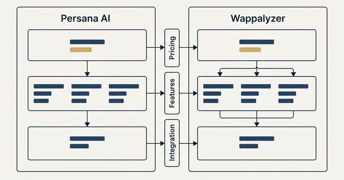 Comparison panel: Persana AI vs Wappalyzer (Pricing, Features, Integration)