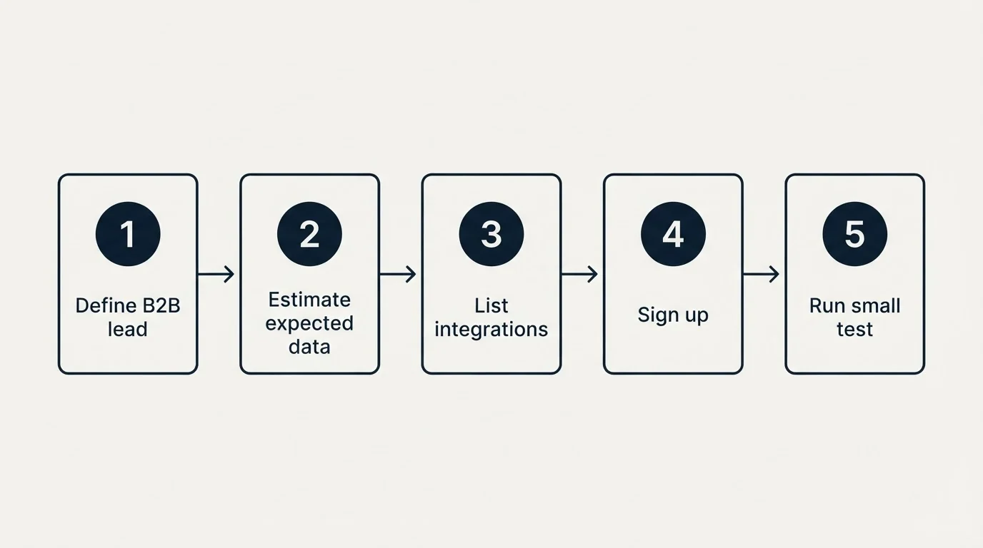 Step sequence: Getting Started Checklist (Define B2B lead, Estimate expected data, List integrations, Sign up)