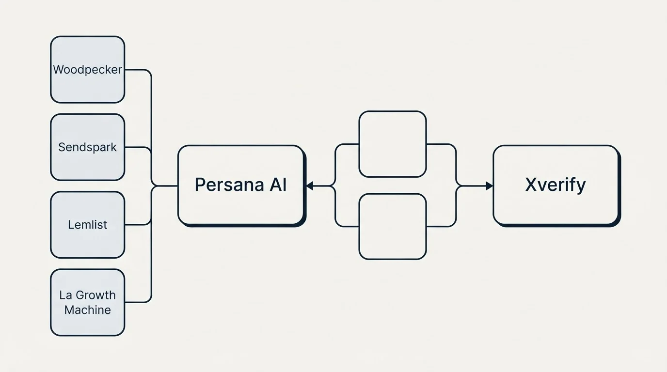 Integration schematic: Integration Ecosystem (Persana AI, Xverify, Woodpecker, Sendspark)