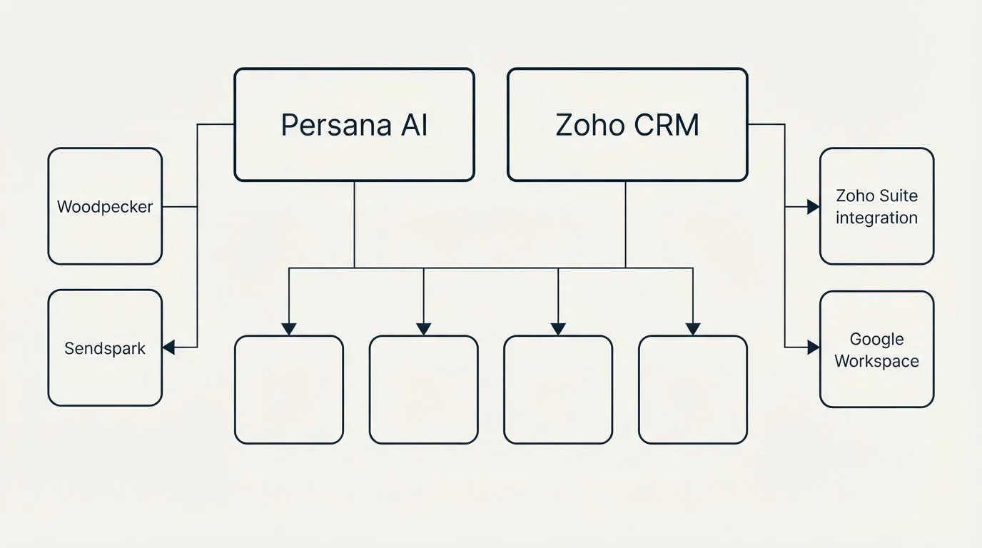 Integration grid: Integration Ecosystem (Persana AI, Zoho CRM, Woodpecker, Zoho Suite integration)