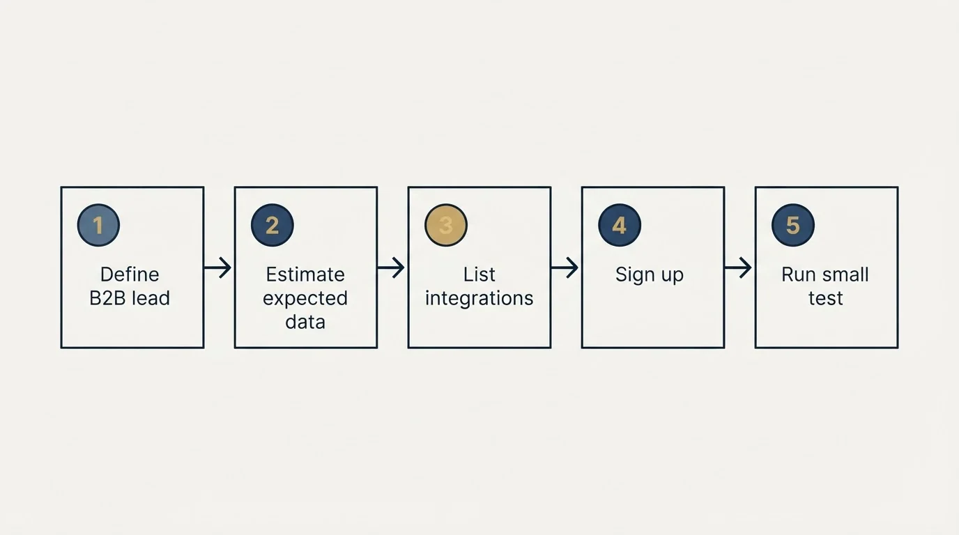 Step sequence: Getting Started Checklist (Define B2B lead, Estimate expected data, List integrations, Sign up)