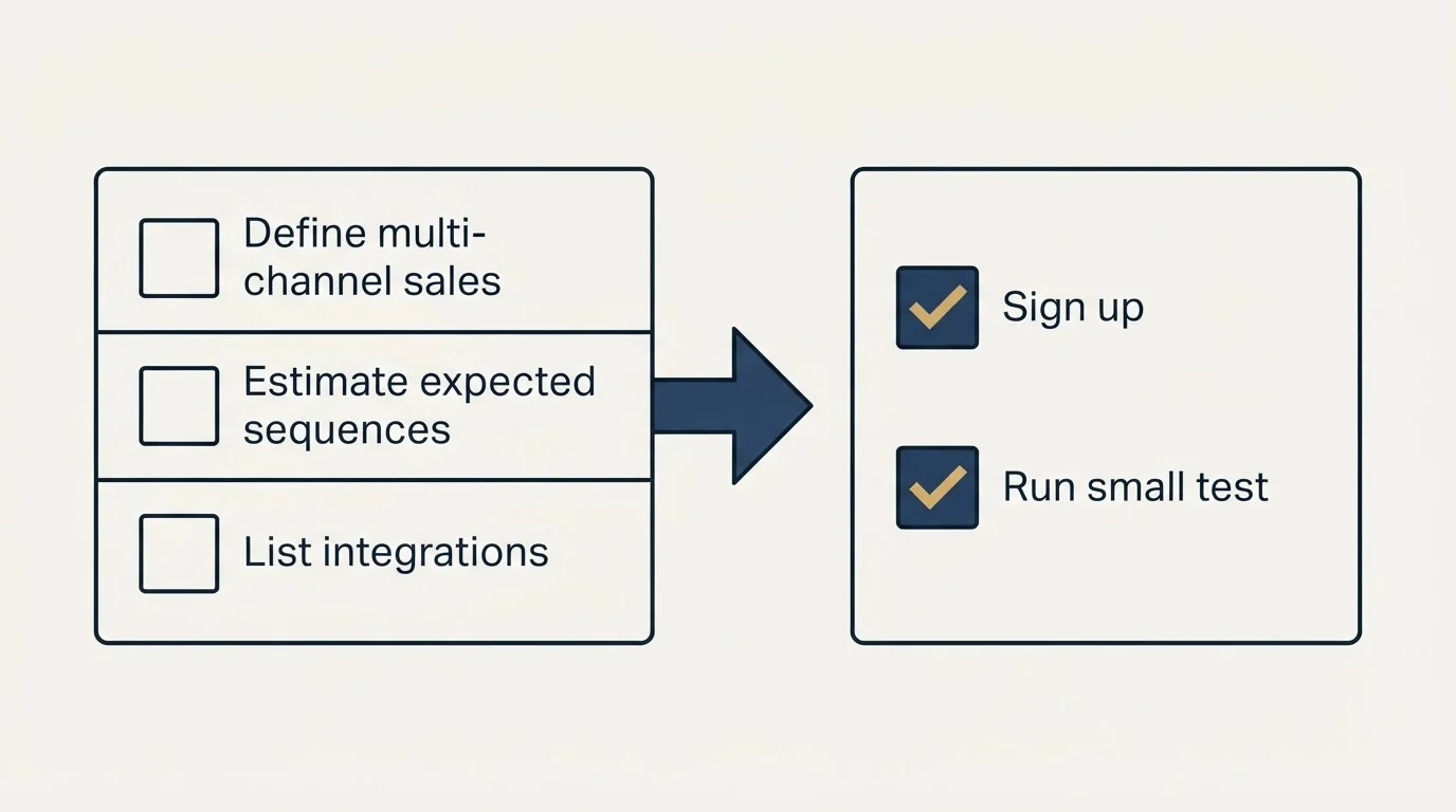 Before-and-after steps: Getting Started Checklist (Define multi-channel sales, Estimate expected sequences, List integrations, Sign up)