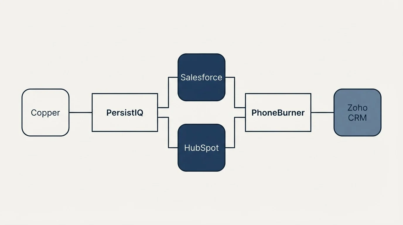Integration flow: Integration Ecosystem (PersistIQ, PhoneBurner, Salesforce, HubSpot)