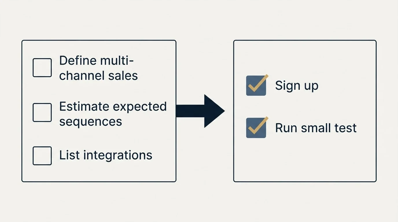 Before-and-after steps: Getting Started Checklist (Define multi-channel sales, Estimate expected sequences, List integrations, Sign up)