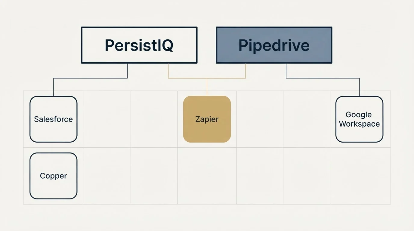 Integration grid: Integration Ecosystem (PersistIQ, Pipedrive, Zapier, Salesforce)