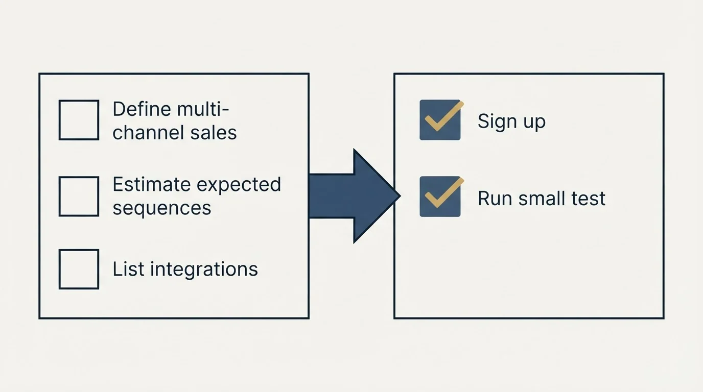 Before-and-after steps: Getting Started Checklist (Define multi-channel sales, Estimate expected sequences, List integrations, Sign up)