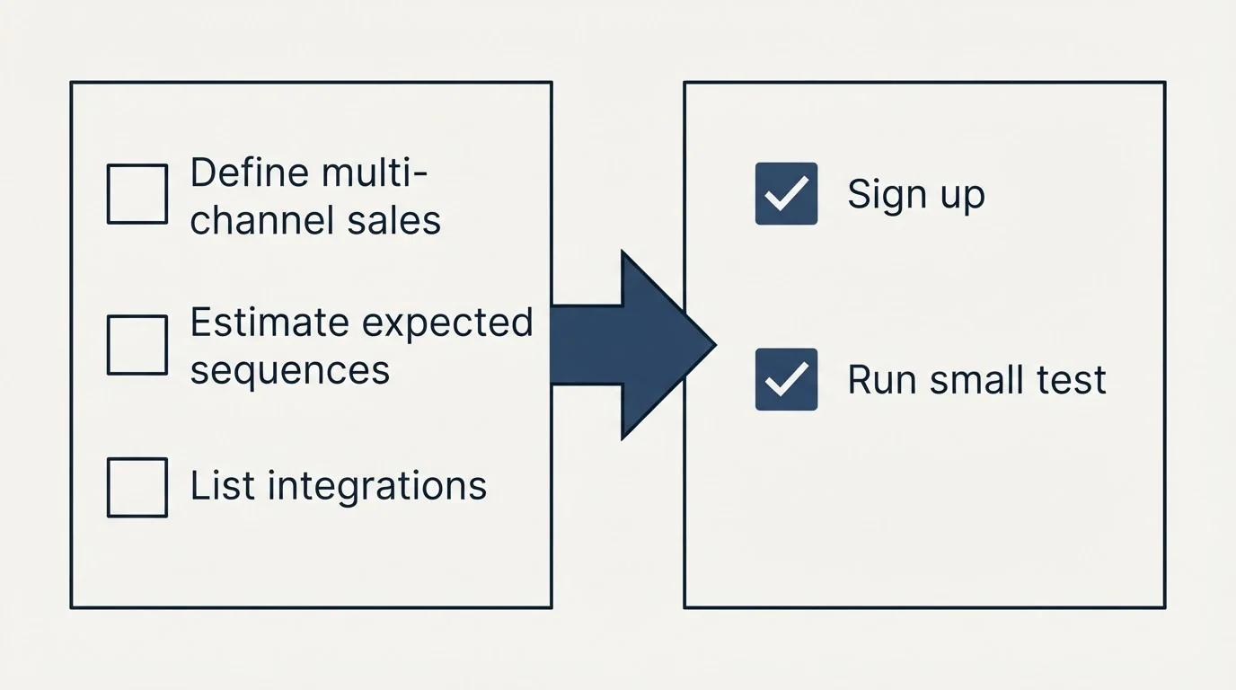 Before-and-after steps: Getting Started Checklist (Define multi-channel sales, Estimate expected sequences, List integrations, Sign up)