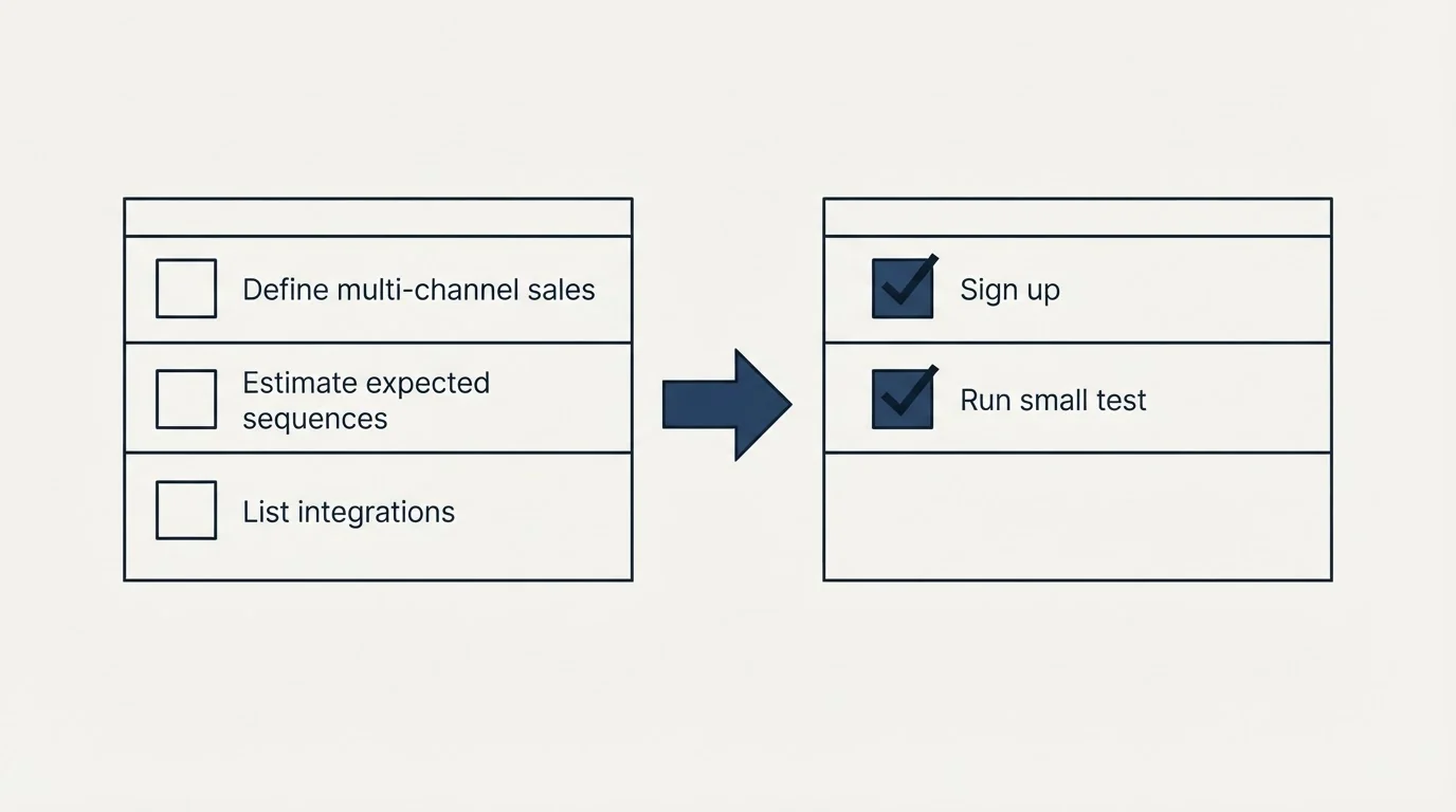 Before-and-after steps: Getting Started Checklist (Define multi-channel sales, Estimate expected sequences, List integrations, Sign up)