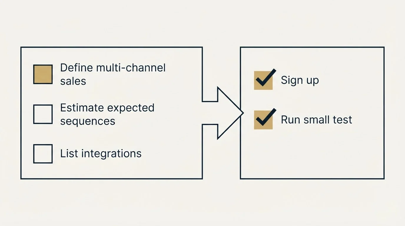 Before-and-after steps: Getting Started Checklist (Define multi-channel sales, Estimate expected sequences, List integrations, Sign up)
