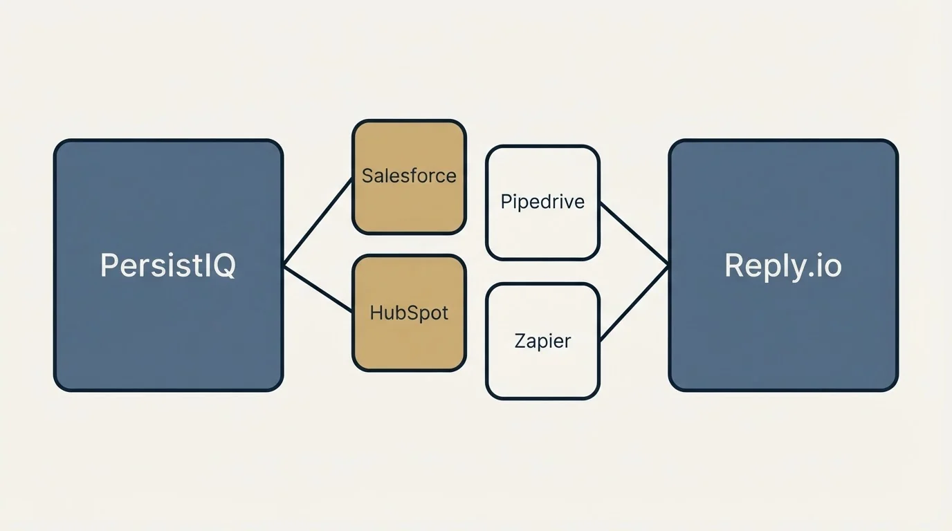 Integration schematic: Integration Ecosystem (PersistIQ, Reply.io, Salesforce, Pipedrive)