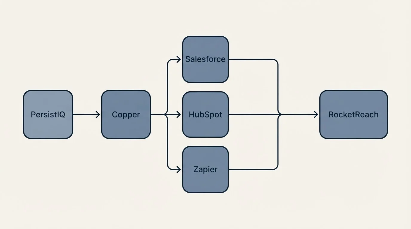 Integration flow: Integration Ecosystem (PersistIQ, RocketReach, Salesforce, HubSpot)