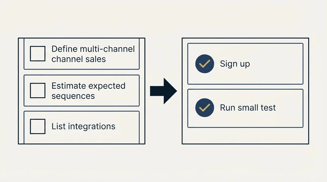 Before-and-after steps: Getting Started Checklist (Define multi-channel sales, Estimate expected sequences, List integrations, Sign up)