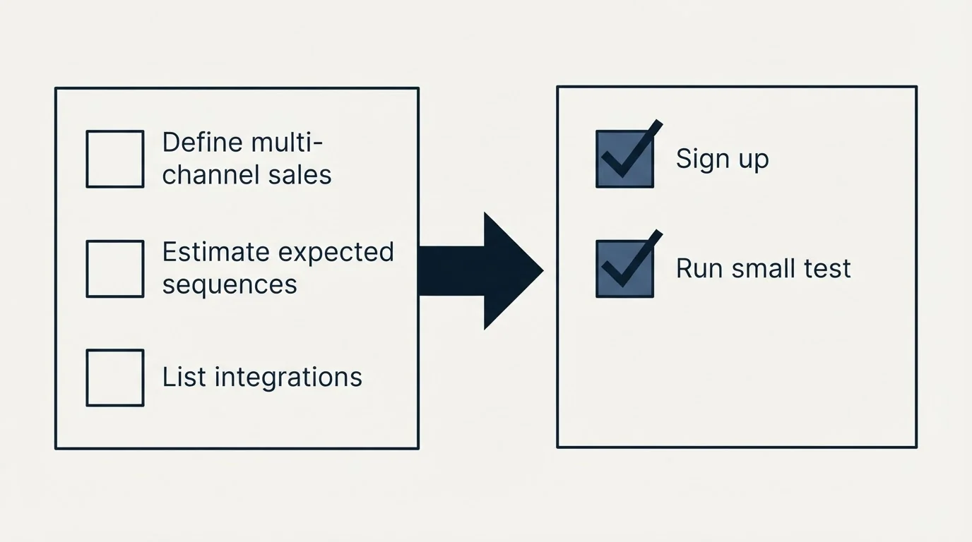 Before-and-after steps: Getting Started Checklist (Define multi-channel sales, Estimate expected sequences, List integrations, Sign up)