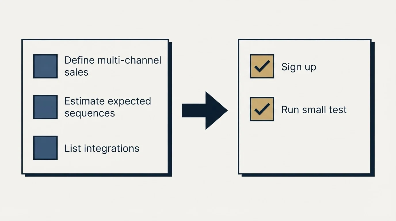 Before-and-after steps: Getting Started Checklist (Define multi-channel sales, Estimate expected sequences, List integrations, Sign up)