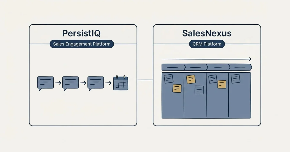 Side-by-side panels: PersistIQ vs SalesNexus (Sales Engagement Platform, CRM Platform)