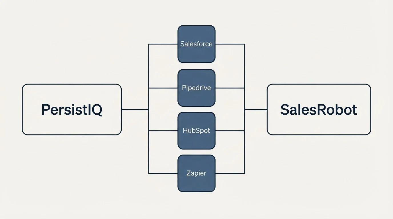 Integration flow: Integration Ecosystem (PersistIQ, SalesRobot, Salesforce, Pipedrive)