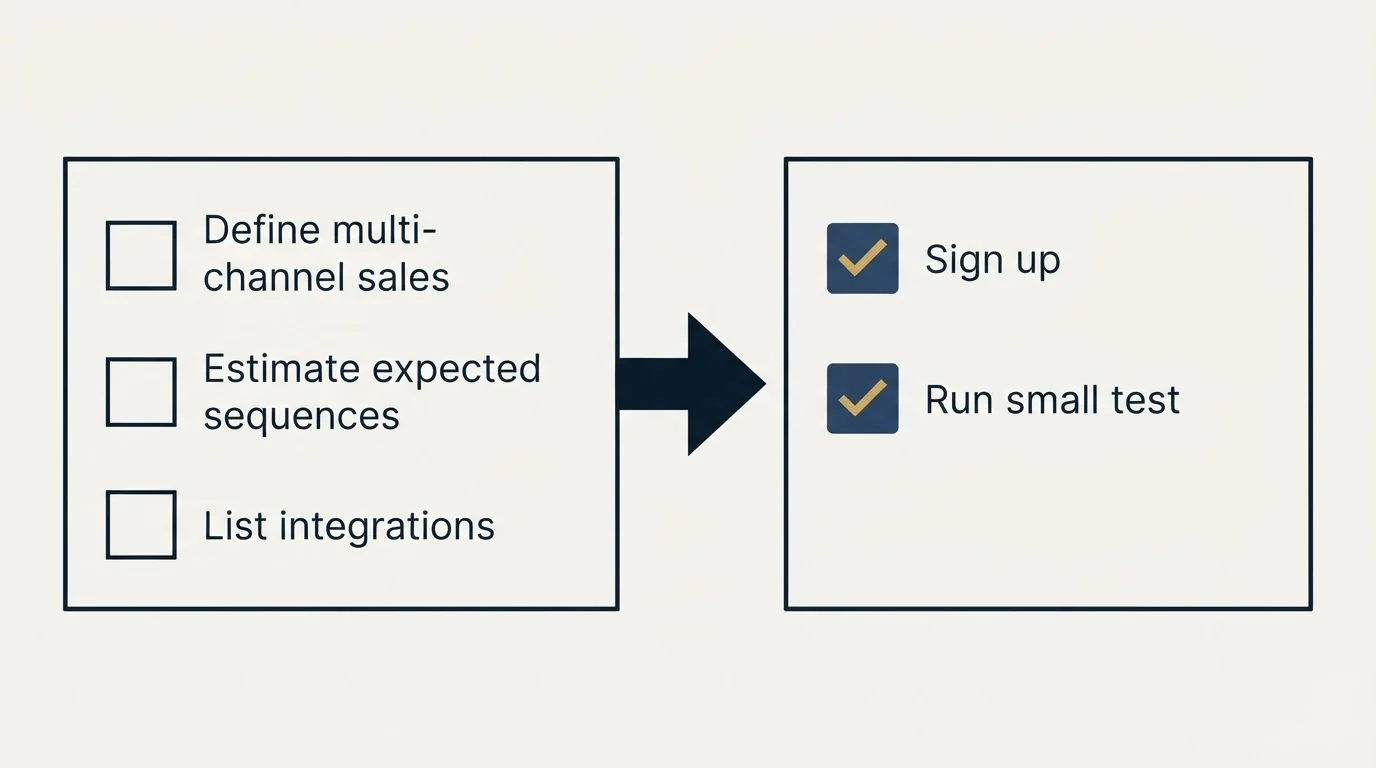 Before-and-after steps: Getting Started Checklist (Define multi-channel sales, Estimate expected sequences, List integrations, Sign up)