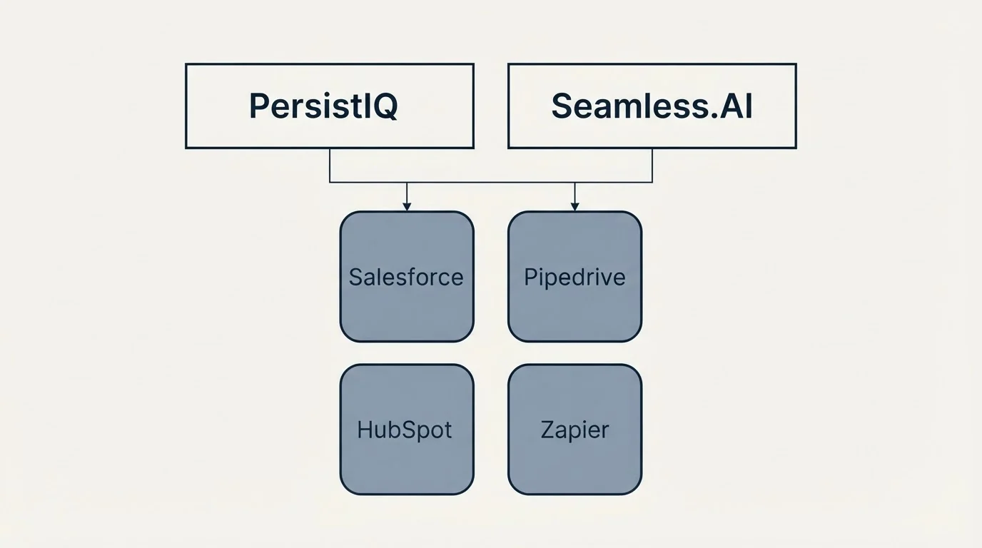 Integration grid: Integration Ecosystem (PersistIQ, Seamless.AI, Salesforce, Pipedrive)