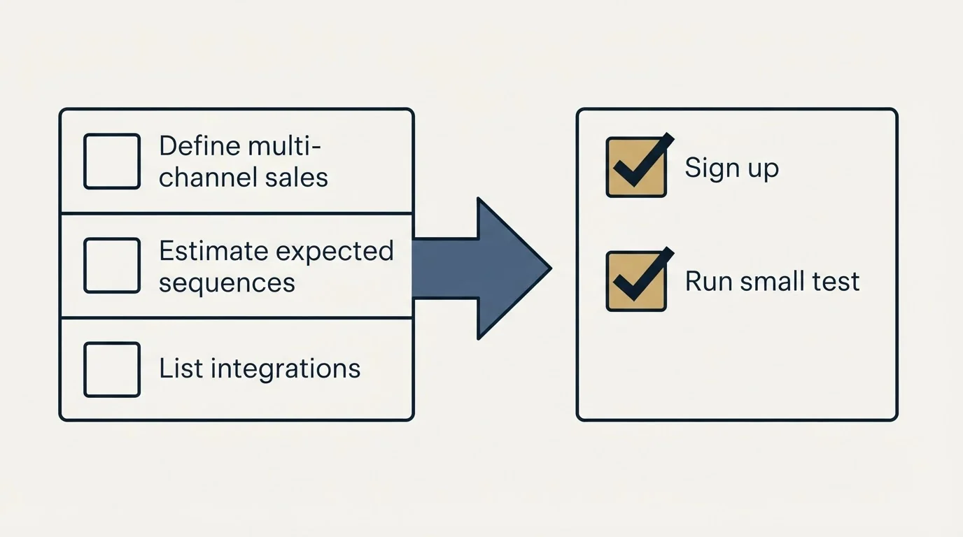 Before-and-after steps: Getting Started Checklist (Define multi-channel sales, Estimate expected sequences, List integrations, Sign up)