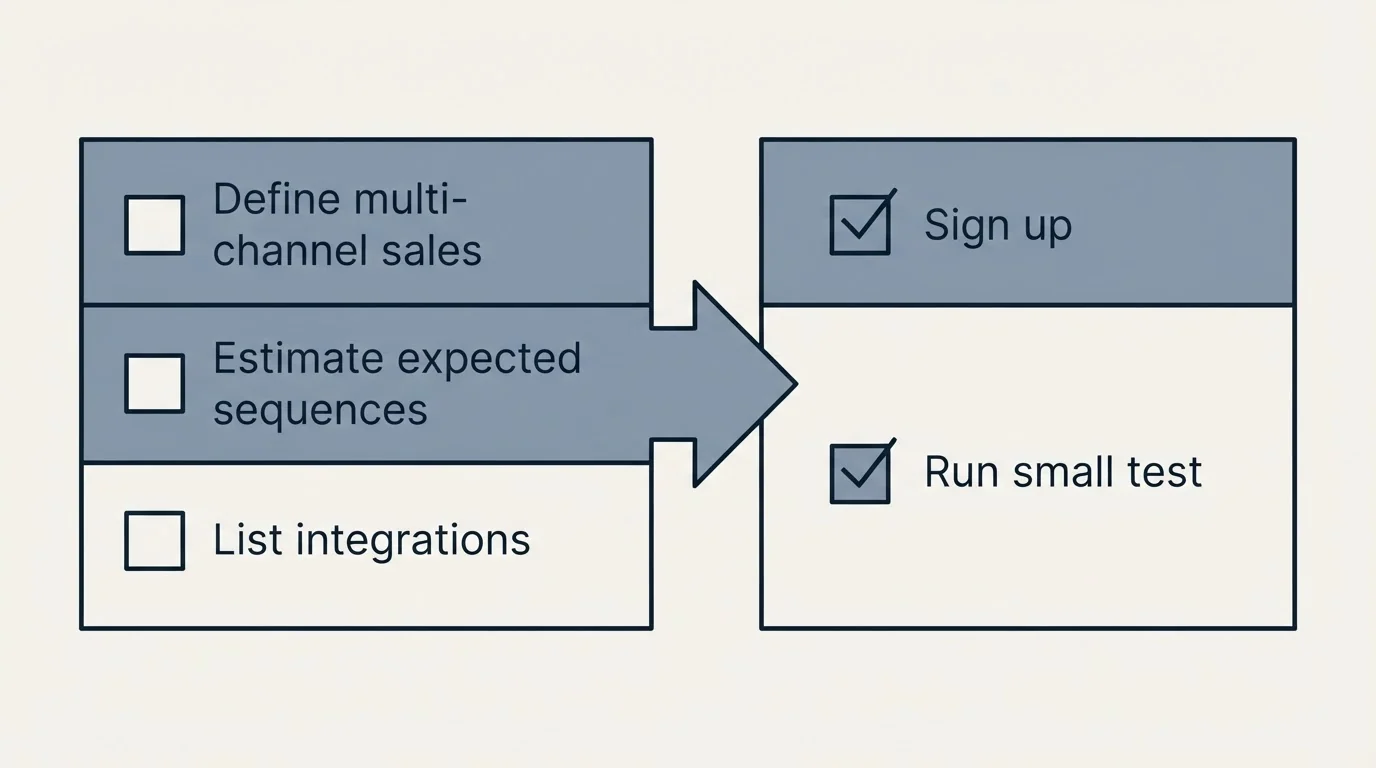 Before-and-after steps: Getting Started Checklist (Define multi-channel sales, Estimate expected sequences, List integrations, Sign up)