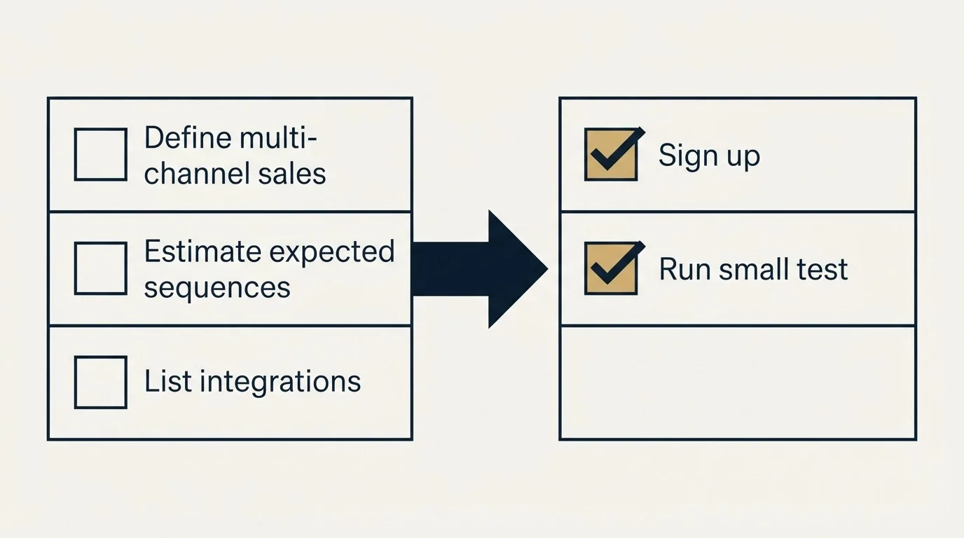 Before-and-after steps: Getting Started Checklist (Define multi-channel sales, Estimate expected sequences, List integrations, Sign up)