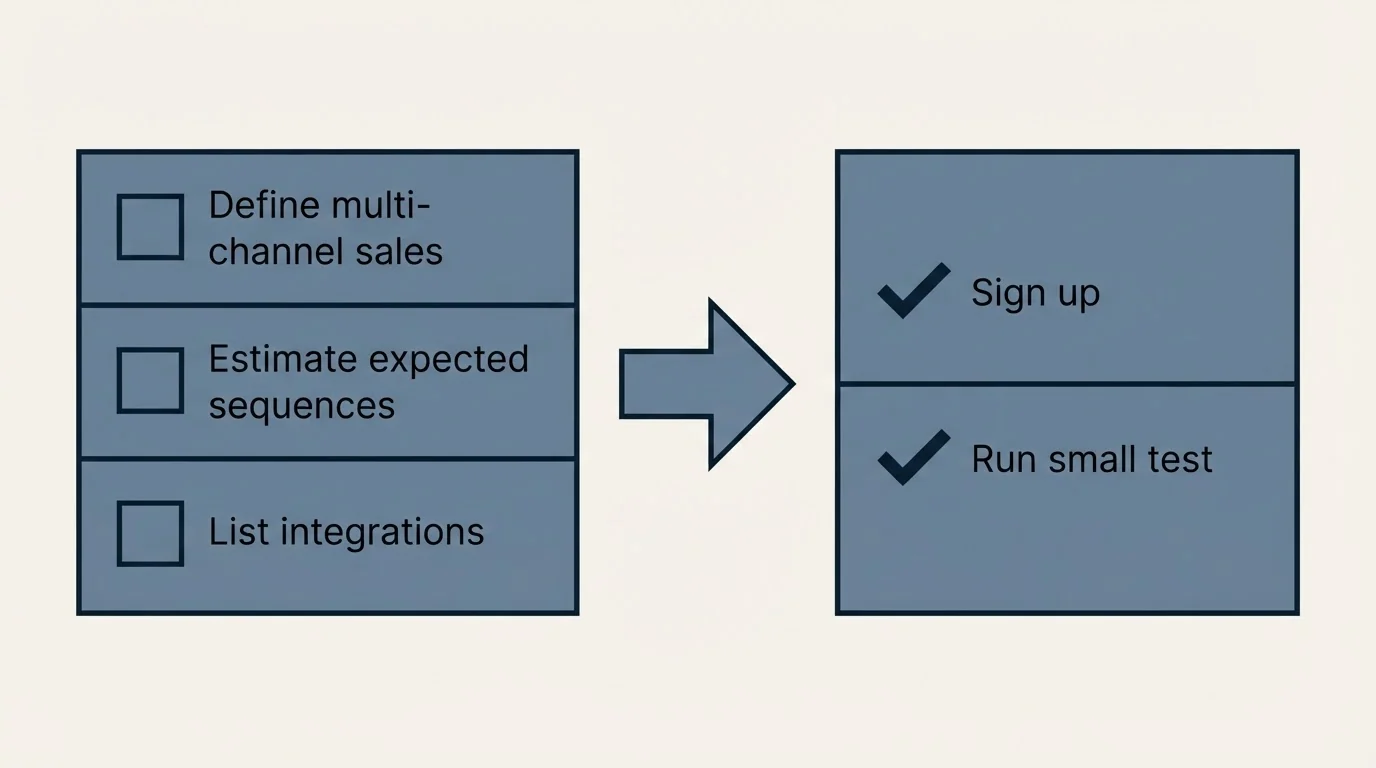Before-and-after steps: Getting Started Checklist (Define multi-channel sales, Estimate expected sequences, List integrations, Sign up)