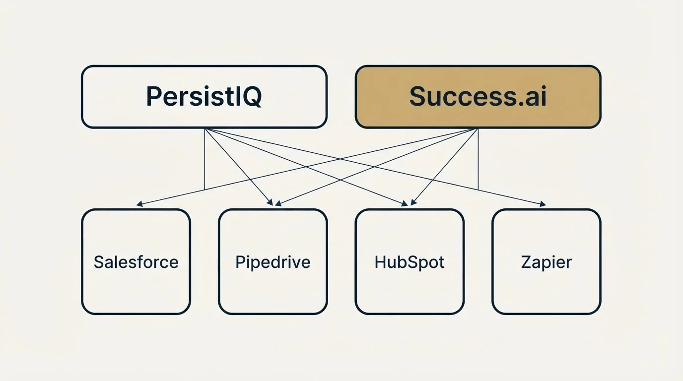 Integration grid: Integration Ecosystem (PersistIQ, Success.ai, Salesforce, Pipedrive)