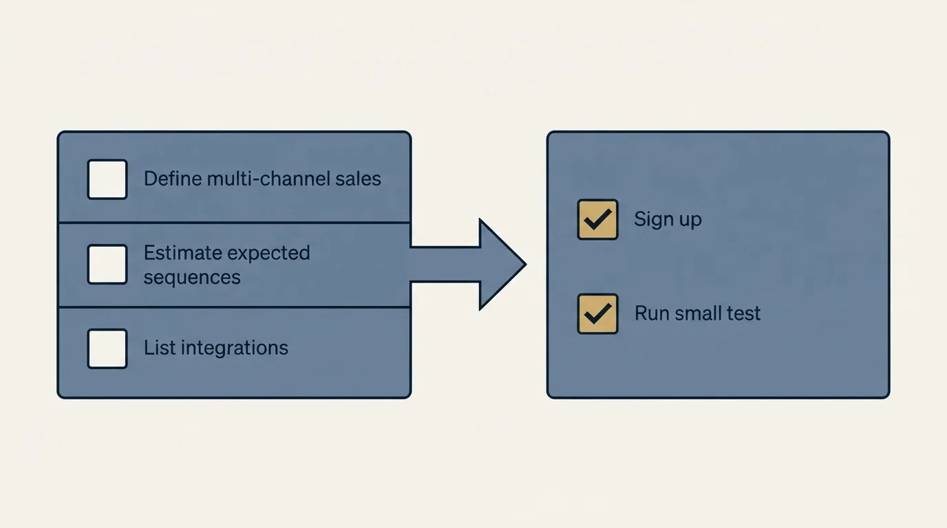 Before-and-after steps: Getting Started Checklist (Define multi-channel sales, Estimate expected sequences, List integrations, Sign up)