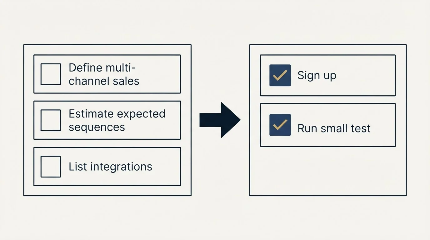 Before-and-after steps: Getting Started Checklist (Define multi-channel sales, Estimate expected sequences, List integrations, Sign up)