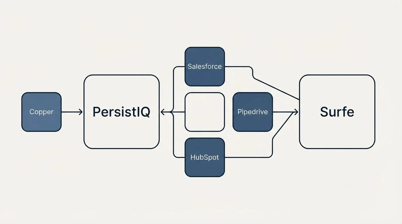 Integration schematic: Integration Ecosystem (PersistIQ, Surfe, Salesforce, Pipedrive)